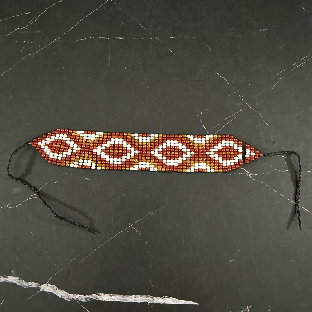Native American Hand Beaded Seed Bead Loom Bracelet Brown White Diamond Design